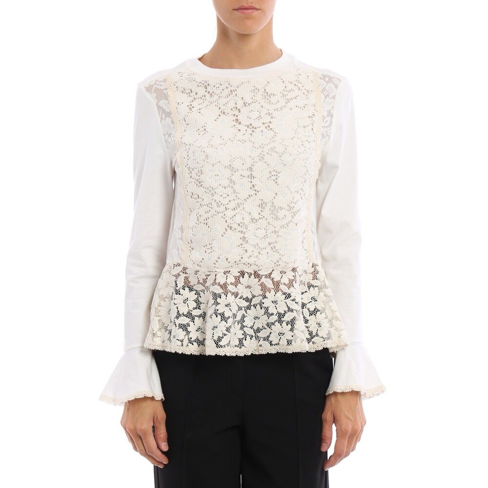 SEE BY CHLOÉ Lace flounced Long Sleeves Crew Neck Ivory White Women’s Size S